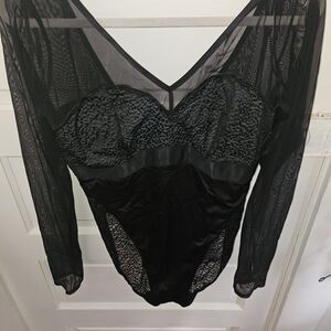 Sheer Long-Sleeve Black Bodysuit with Lace Bust